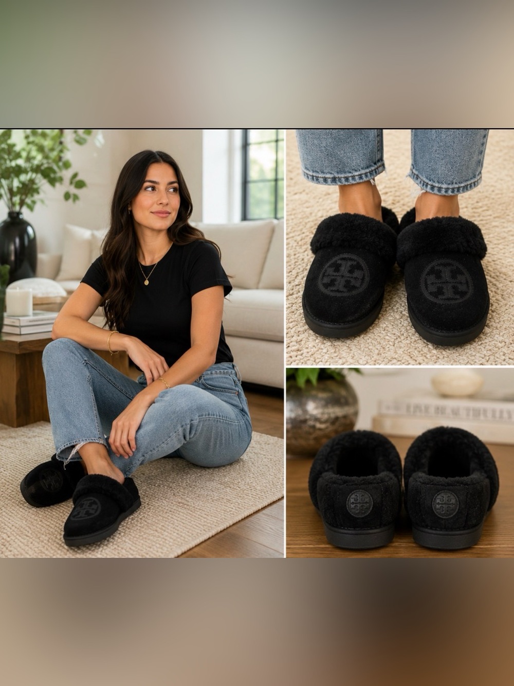 Tory Burch Black Suede Shearling Cuff Slip-Ons